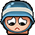 a pixel art illustration of a soldier with a sad face wearing a blue helmet .