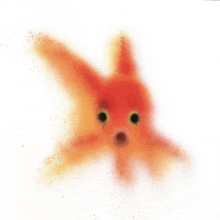 a painting of a red rabbit with black eyes on a white background