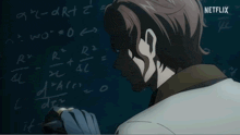 a man writing on a blackboard with a netflix logo behind him