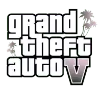 a logo for grand theft auto v with palm trees on a white background