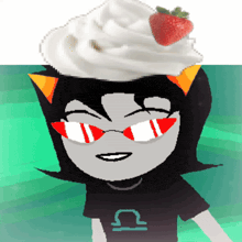 a cartoon character with whipped cream and a strawberry on top of her head