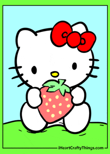 a drawing of hello kitty holding a strawberry with a red bow