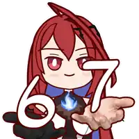 a cartoon girl with red hair is holding up a hand with the number 67 on it