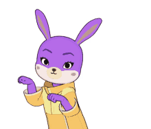 a purple rabbit wearing a yellow jacket is standing in front of a white background