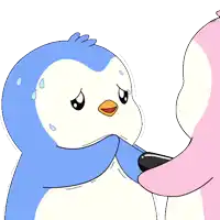 a cartoon of a blue penguin and a pink penguin hugging