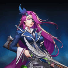 a girl with purple hair is holding a gun in her hand