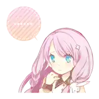 a girl with pink hair and blue eyes has a speech bubble behind her