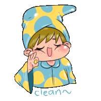 a cartoon drawing of a boy wearing a blue and yellow polka dot pajamas and a yellow hat with the words clean below him