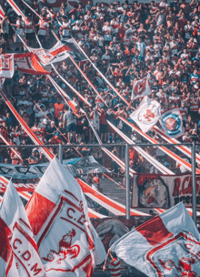 a crowd of people in a stadium holding flags that say c.d.m.