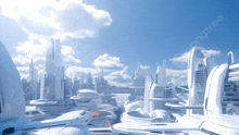 a futuristic city with lots of white buildings and a blue sky