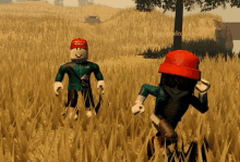 two roblox characters are standing in a field with one wearing a maga hat