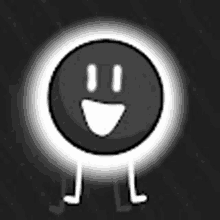 a black and white cartoon character with a smiley face and legs is standing in the dark .