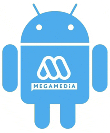 a blue android with the megamedia logo on its chest