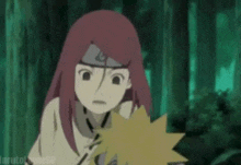 a girl with red hair is standing next to a boy with yellow hair in a forest .