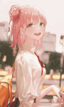 a girl with pink hair and green eyes is smiling