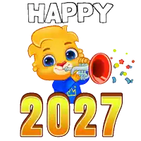a cartoon character is blowing a trumpet in front of the number 2027 .