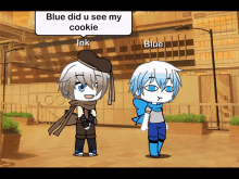 ink and blue are standing next to each other in front of a building