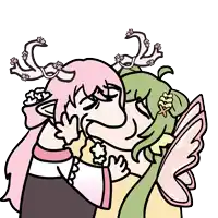 a drawing of a girl with flowers in her hair kissing another girl with green hair