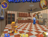 garfield is playing a video game with the number 760