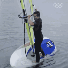 a man in a wet suit is holding a sail in the water with the olympics logo in the background