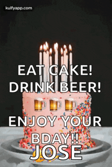 a birthday cake with candles and beer mugs on it .