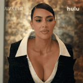 a woman with a plunging neckline is wearing a hulu advertisement