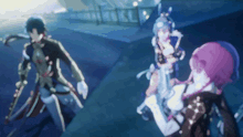 a blurry picture of a man and a woman with purple hair