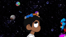 a cartoon drawing of a person looking up at the stars