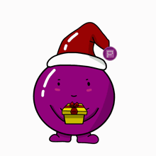 a purple ball wearing a santa hat is holding a gift