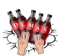 four bottles of coca cola demas with a hand making a peace sign in front of them