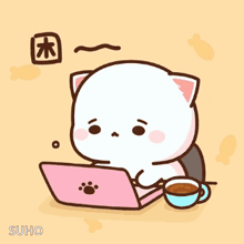 a cartoon cat is sitting at a desk with a cup of coffee and a laptop