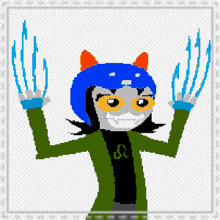 a pixel art drawing of a cat with a blue hat and a green shirt with the letter l on it