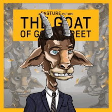 a cartoon of a goat in a suit and tie with a yellow sign that says the goat of gopeeet