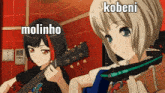 two anime girls are playing guitars and one of them is named molinho