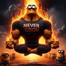 a man in a t-shirt that says `` never goon '' is sitting in a lotus position with minions .