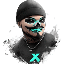 a drawing of a man with a skull painted on his face and the letter x on his shirt