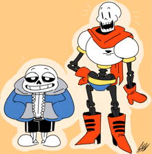 a cartoon drawing of sans and papyrus standing next to each other on an orange background