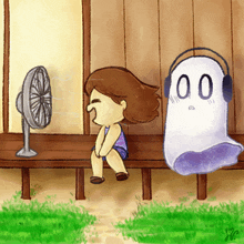 a drawing of a girl sitting on a bench next to a fan and a ghost with headphones that says 00