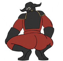 a cartoon drawing of a man in red pants and a black mask