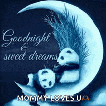 two pandas sleeping on a crescent moon with the words goodnight and sweet dreams