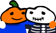 a skeleton and a pumpkin are hugging each other .