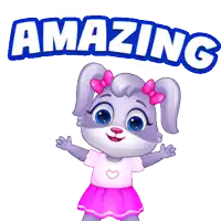 a cartoon rabbit is wearing a pink skirt and a pink shirt with the words amazing behind her