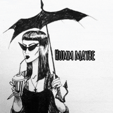 a black and white drawing of a woman holding an umbrella and drinking from it