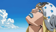 a cartoon character wearing a bandana with stars on it looks up at the sky