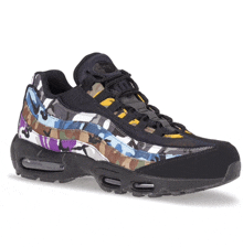 a pair of black and multicolored nike air max shoes