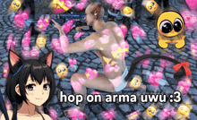 a man in a diaper is surrounded by pink hearts and the words hop on arma uwu