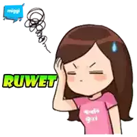 a girl in a pink shirt is holding her head and the word ruwet is above her