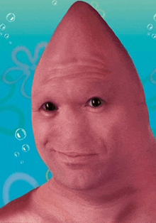 a close up of patrick star 's face with bubbles behind him