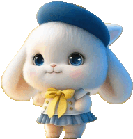 a cartoon rabbit wearing a blue hat and a blue skirt