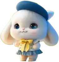 a cartoon rabbit wearing a blue hat and a blue skirt